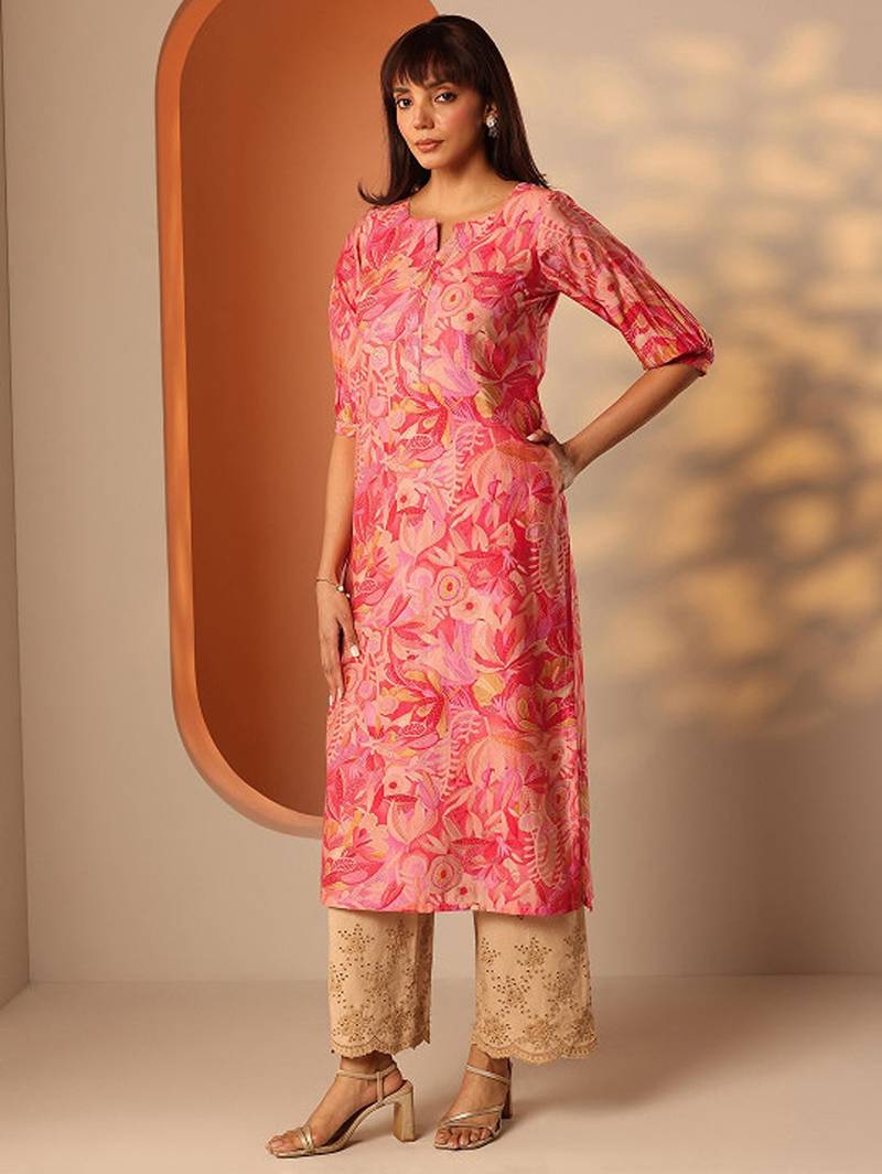 Floral printed notch neck mirror work silk straight kurta