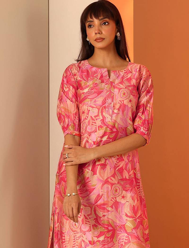 Floral printed notch neck mirror work silk straight kurta