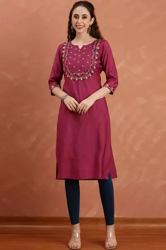 Floral embroidered flared sleeves thread work kurta