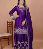 Purple chinnon embroidery work party wear plazo suit