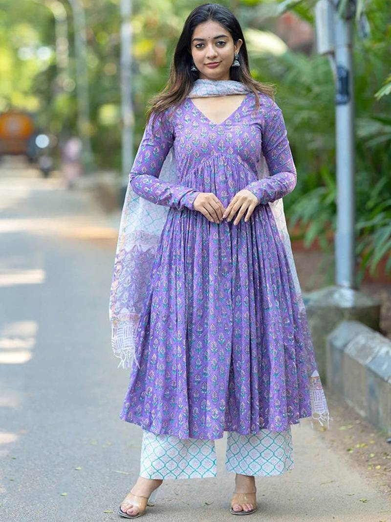 Floral printed pleated kurta with trousers & dupatta