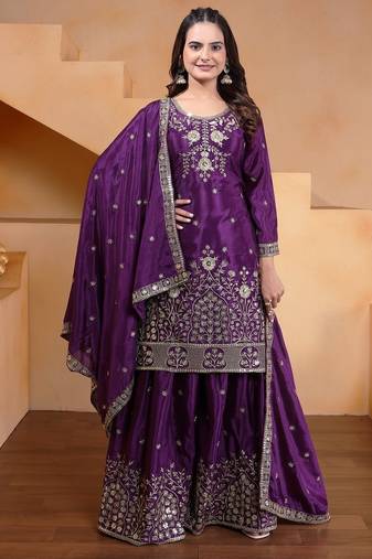 Purple chinnon embroidery work party wear plazo suit