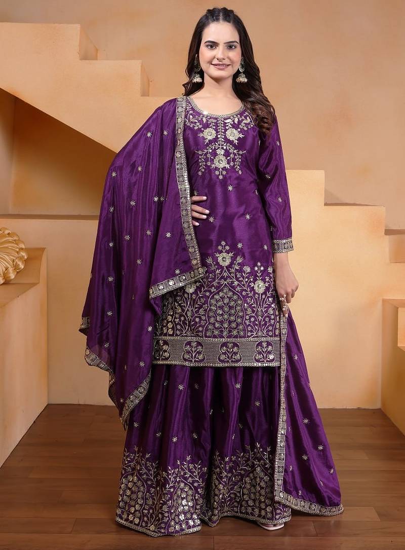 Purple chinnon embroidery work party wear plazo suit