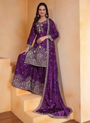 Purple chinnon embroidery work party wear plazo suit 2