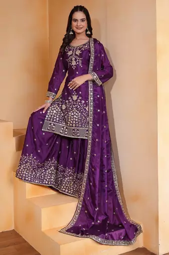 Purple chinnon embroidery work party wear plazo suit