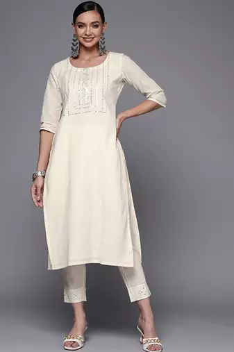 Off white yoke design mirror work kurta