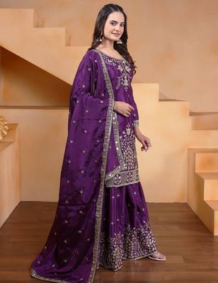 Purple chinnon embroidery work party wear plazo suit 3