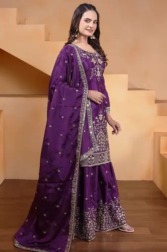 Purple chinnon embroidery work party wear plazo suit