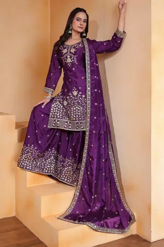 Purple chinnon embroidery work party wear plazo suit