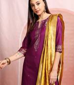 Magenta & yellow ethnic motifs printed straight kurta & palazzos with dupatta