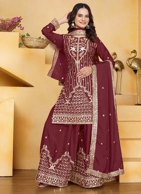 Maroon color natural creap silk wedding wear trending plazo set 2
