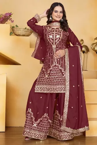 Maroon color natural creap silk wedding wear trending plazo set