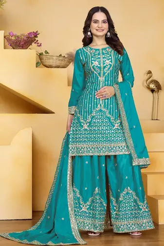 Teal color natural creap silk wedding wear trending plazo set