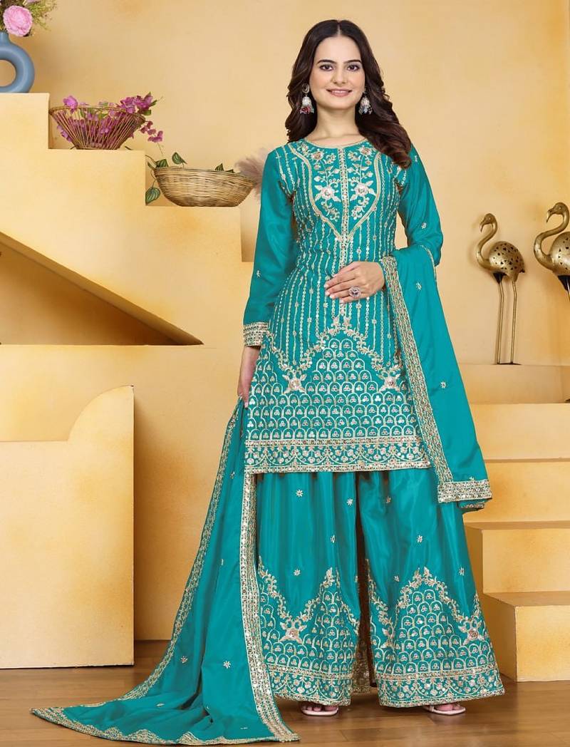 Teal color natural creap silk wedding wear trending plazo set