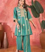 Floral embroidered round neck mirror work a-line kurta with palazzos