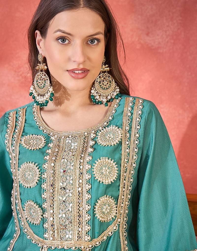 Floral embroidered round neck mirror work a-line kurta with palazzos