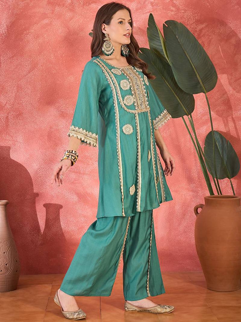 Floral embroidered round neck mirror work a-line kurta with palazzos