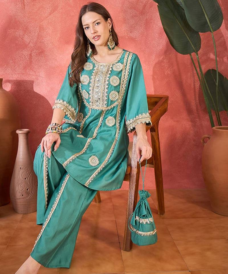 Floral embroidered round neck mirror work a-line kurta with palazzos