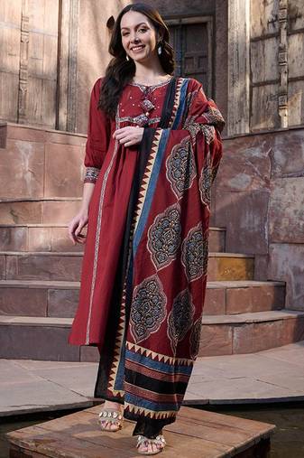 Regular sequinned pure cotton kurta with trousers & with dupatta