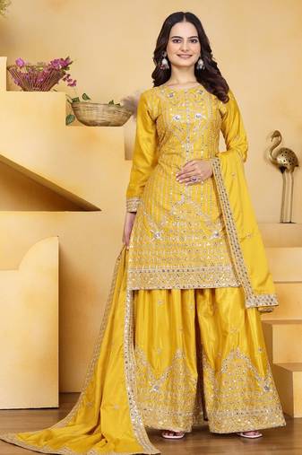 Yellow color natural creap silk wedding wear trending plazo set