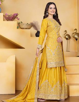 Yellow color natural creap silk wedding wear trending plazo set 2