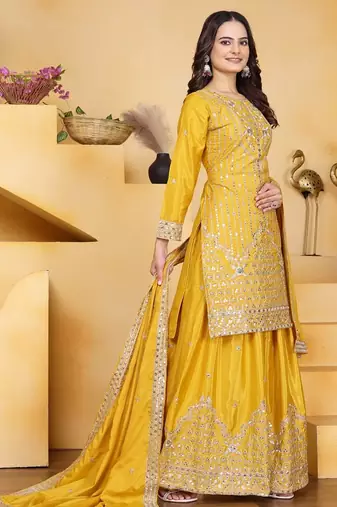 Yellow color natural creap silk wedding wear trending plazo set