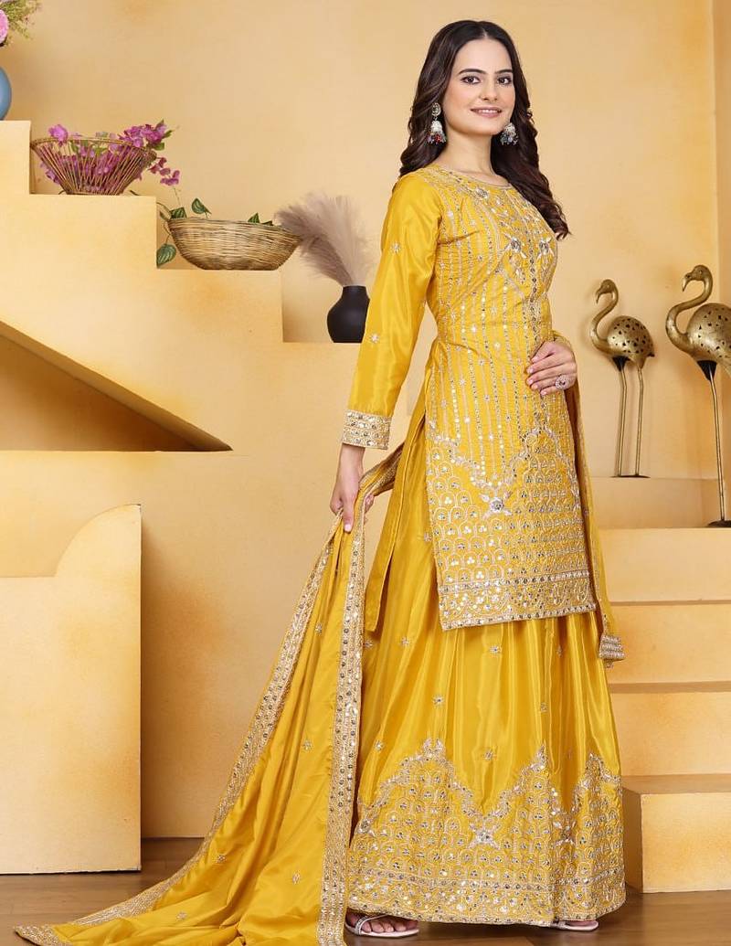 Yellow color natural creap silk wedding wear trending plazo set
