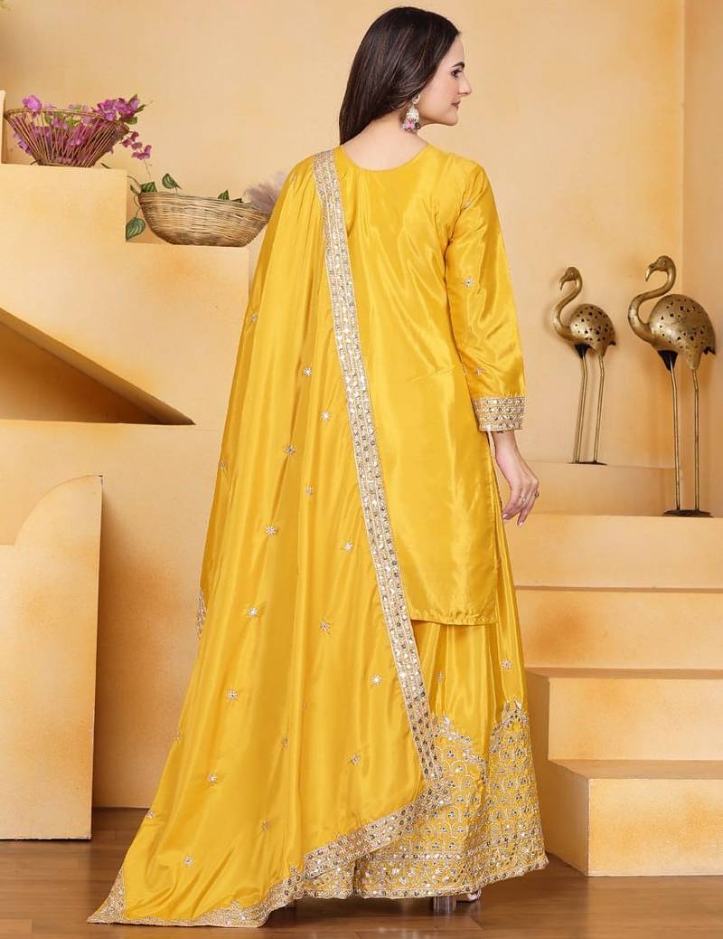 Yellow color natural creap silk wedding wear trending plazo set