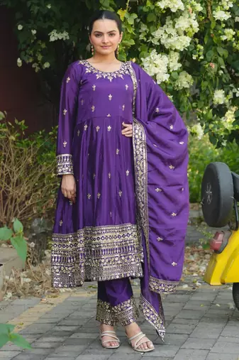Purple color chinnon silk embroidery work long gown
