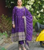 Purple color chinnon silk embroidery work long gown