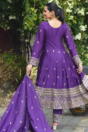 Purple color chinnon silk embroidery work long gown