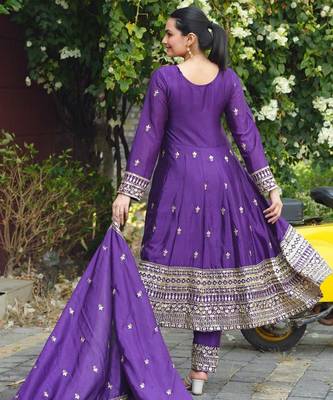 Purple color chinnon silk embroidery work long gown 4