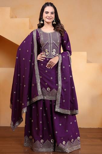 Wine color natural creap silk wedding wear trending plazo set