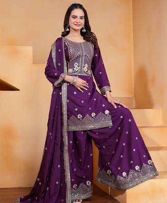 Wine color natural creap silk wedding wear trending plazo set 2