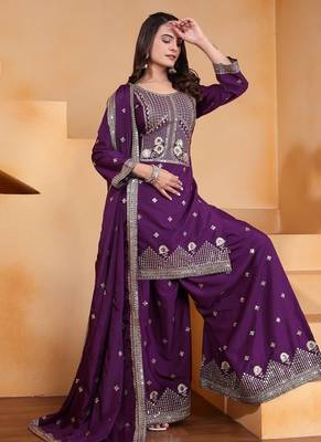 Wine color natural creap silk wedding wear trending plazo set 3