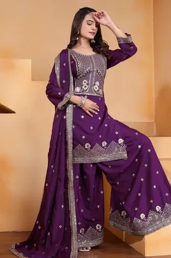 Wine color natural creap silk wedding wear trending plazo set