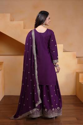 Wine color natural creap silk wedding wear trending plazo set 4