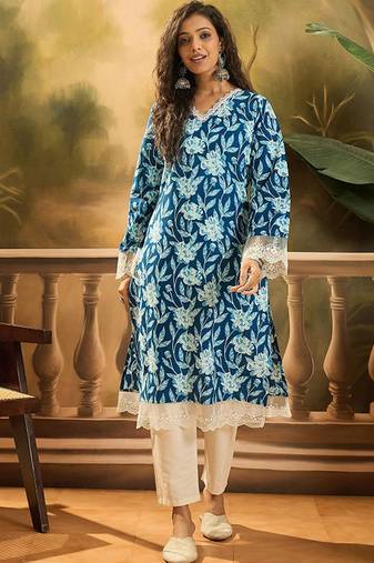 Floral printed 100% cotton straight kurta