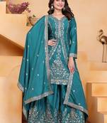 Teal color natural creap silk wedding wear trending plazo set