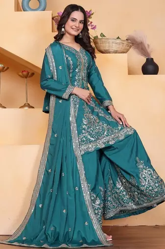 Teal color natural creap silk wedding wear trending plazo set