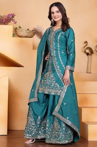 Teal color natural creap silk wedding wear trending plazo set