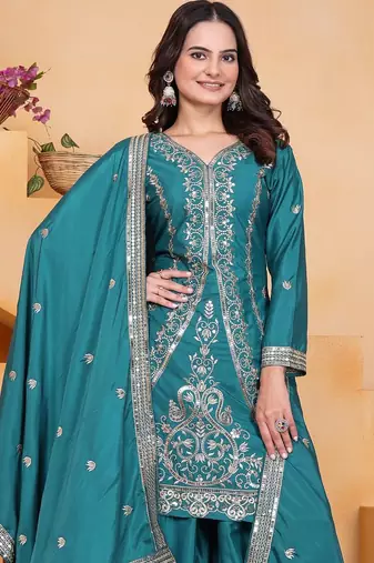 Teal color natural creap silk wedding wear trending plazo set
