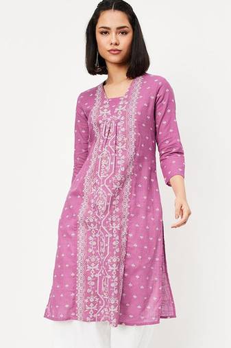 Ethnic motifs woven design pleated v-neck straight kurta