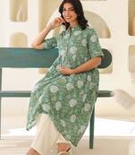Sage green pure cotton floral printed a-line maternity kurta