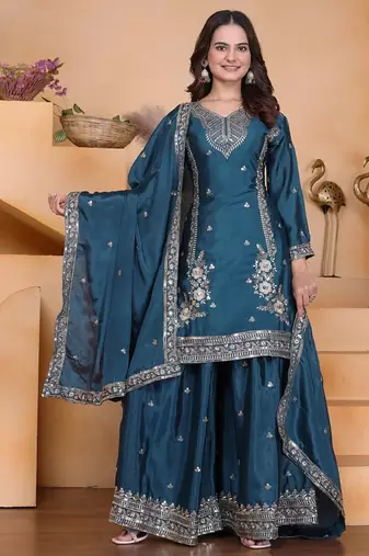 Teal color chinnon silk wedding wear trending plazo set