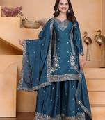 Teal color chinnon silk wedding wear trending plazo set