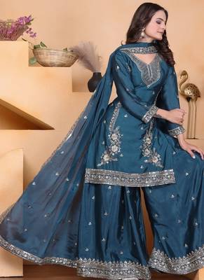 Teal color chinnon silk wedding wear trending plazo set 3