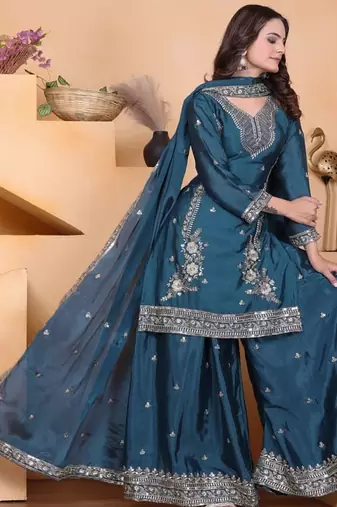 Teal color chinnon silk wedding wear trending plazo set