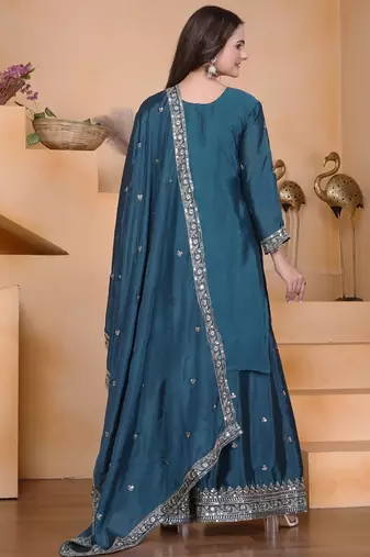 Teal color chinnon silk wedding wear trending plazo set