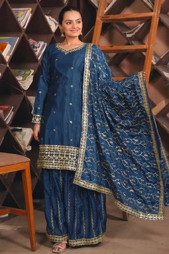 Blue color chinnon silk wedding wear trending plazo set